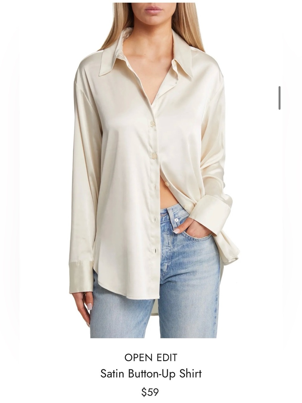 Open Edit Cream Satin High-Low Button-Up Shirt size XS